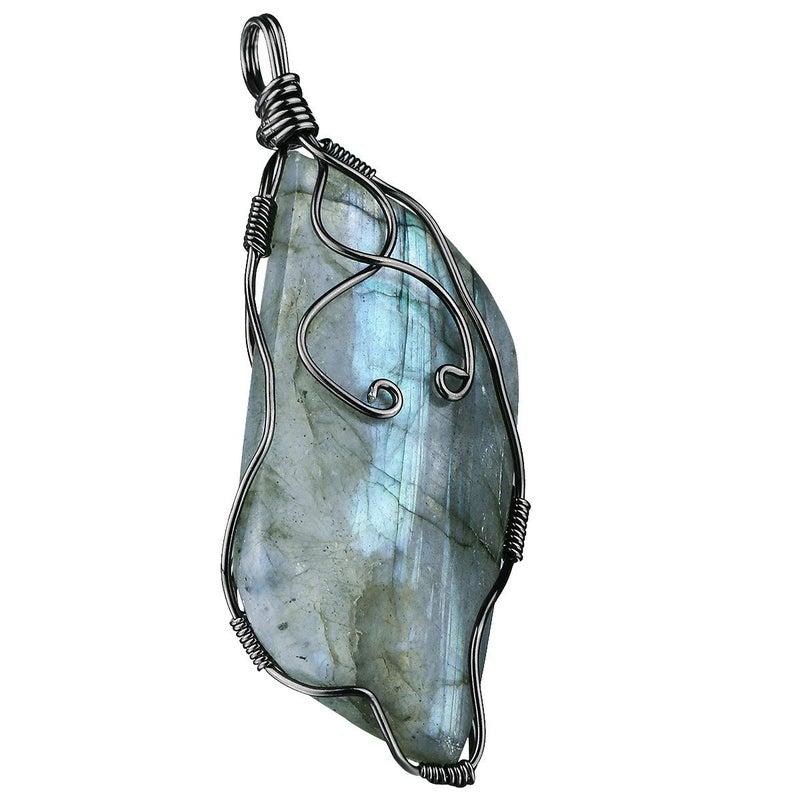 Nupuyai Natural Labradorite Necklace for Unisex, Handmade Wire Wrapped Irregular Healing Stone Pendant with Chain 19" - Image 1